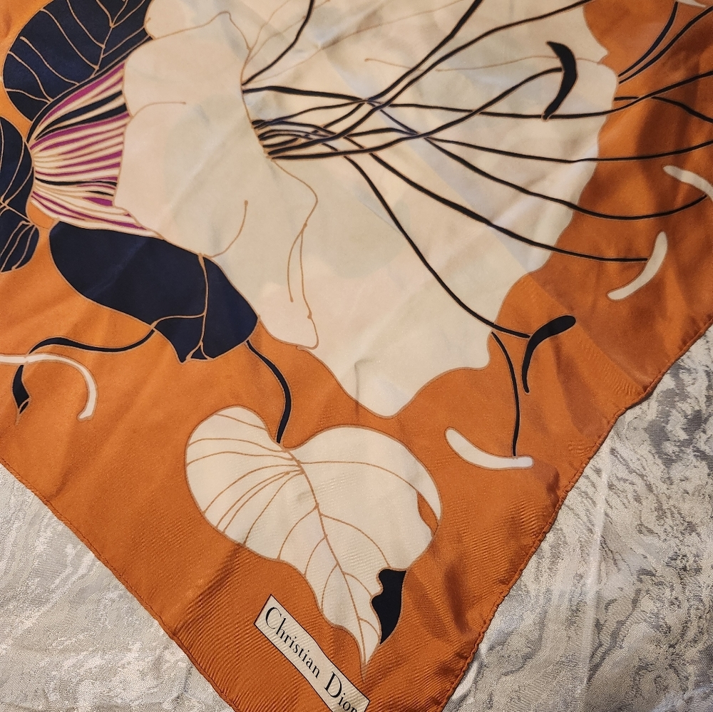 Authentic Christian Dior Silk Scarf 29x29 Square  burnt orange/navy/cream